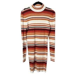 Forever 21 Striped Bodycon Mini Dress Long Sleeve Orange Cream Black M